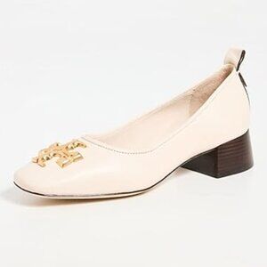 NIB Tory Burch Eleanor Logo Heeled Leather Pump New Cream US 9 AUTHENTIC